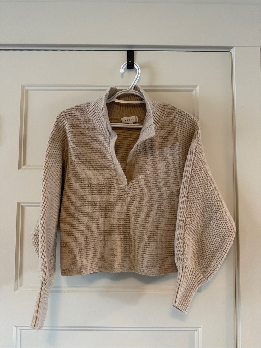 Ribbed Open-Collar Cowl Sweater in Cream